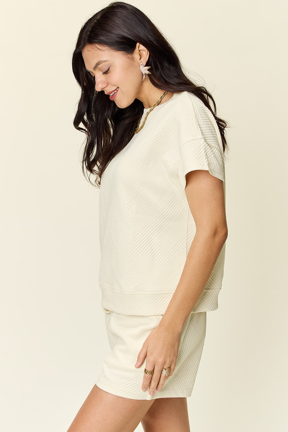 DOUBLE TAKE Full Size Texture Short Sleeve T-Shirt and Drawstring Shorts Set