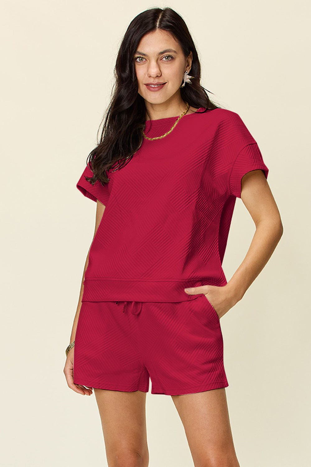 DOUBLE TAKE Full Size Texture Short Sleeve T-Shirt and Drawstring Shorts Set