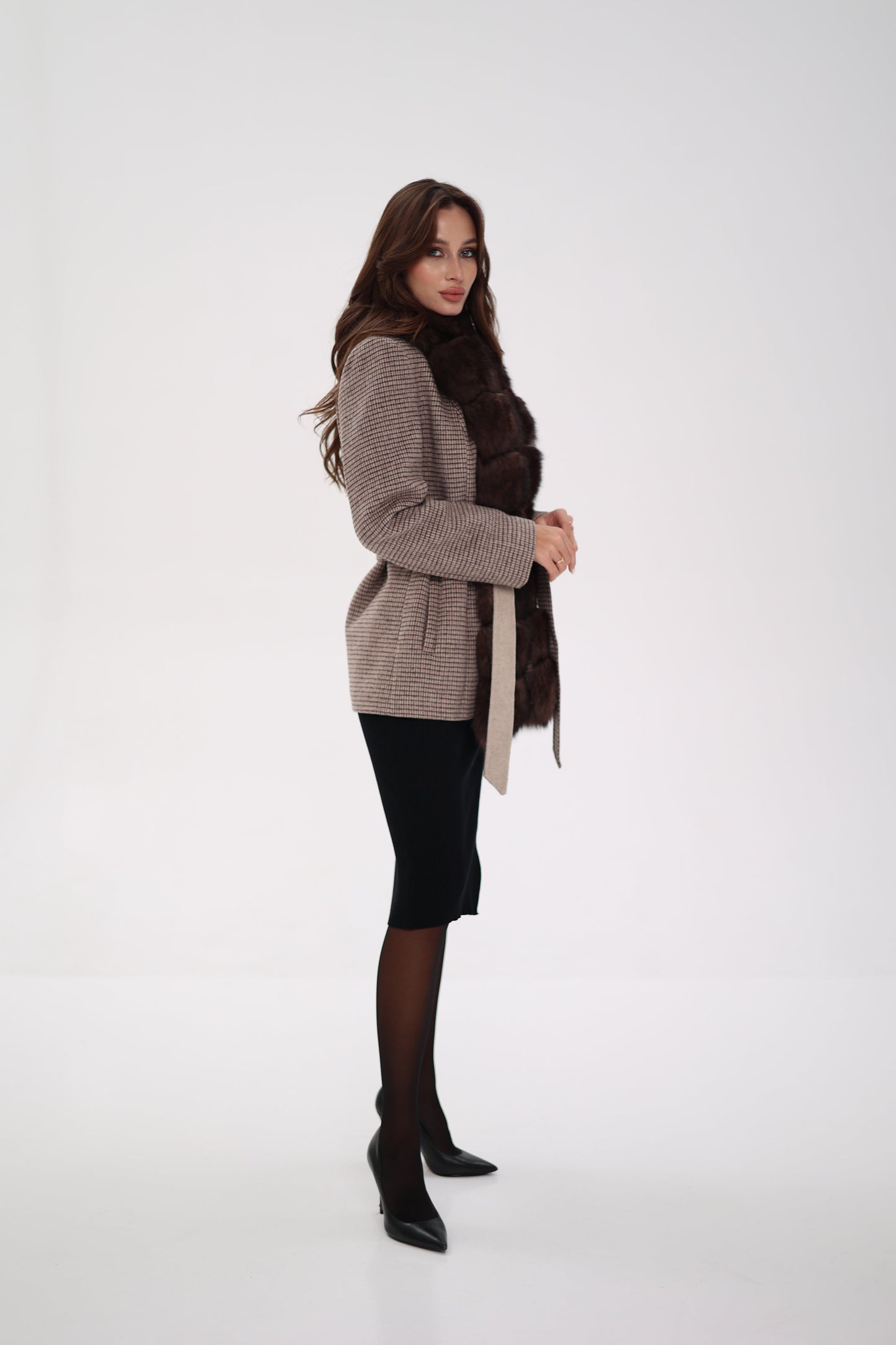 Genuine Polar Fox Fur Virgin Wool Coat in Dark Beige
