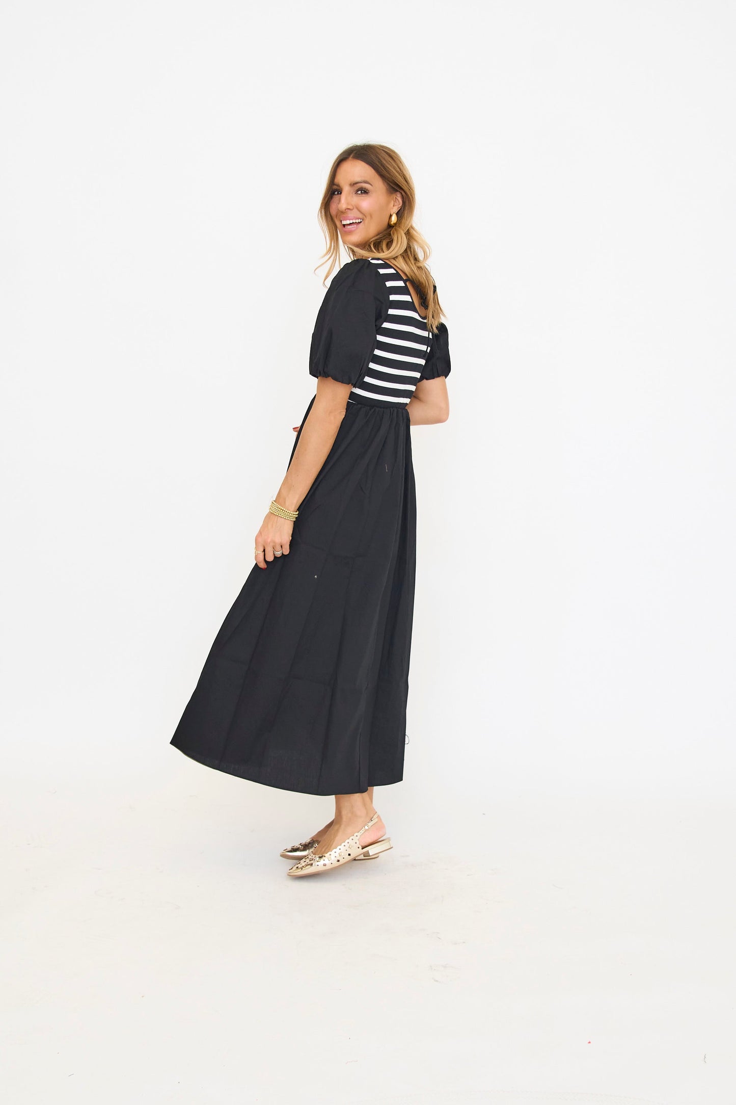ANNIEWEAR Women's Balloon Sleeve Mixed Media Midi Dress