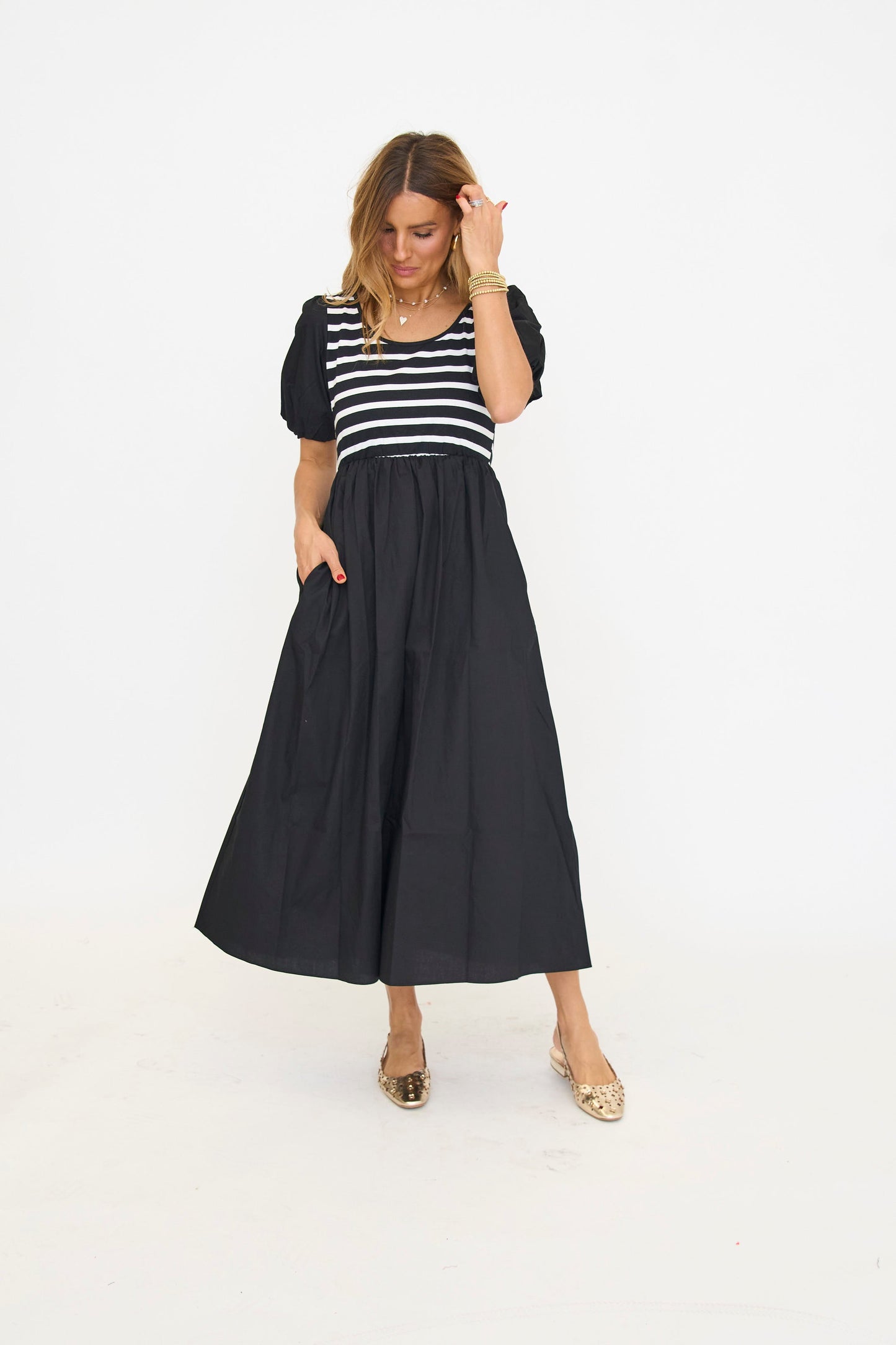ANNIEWEAR Women's Balloon Sleeve Mixed Media Midi Dress