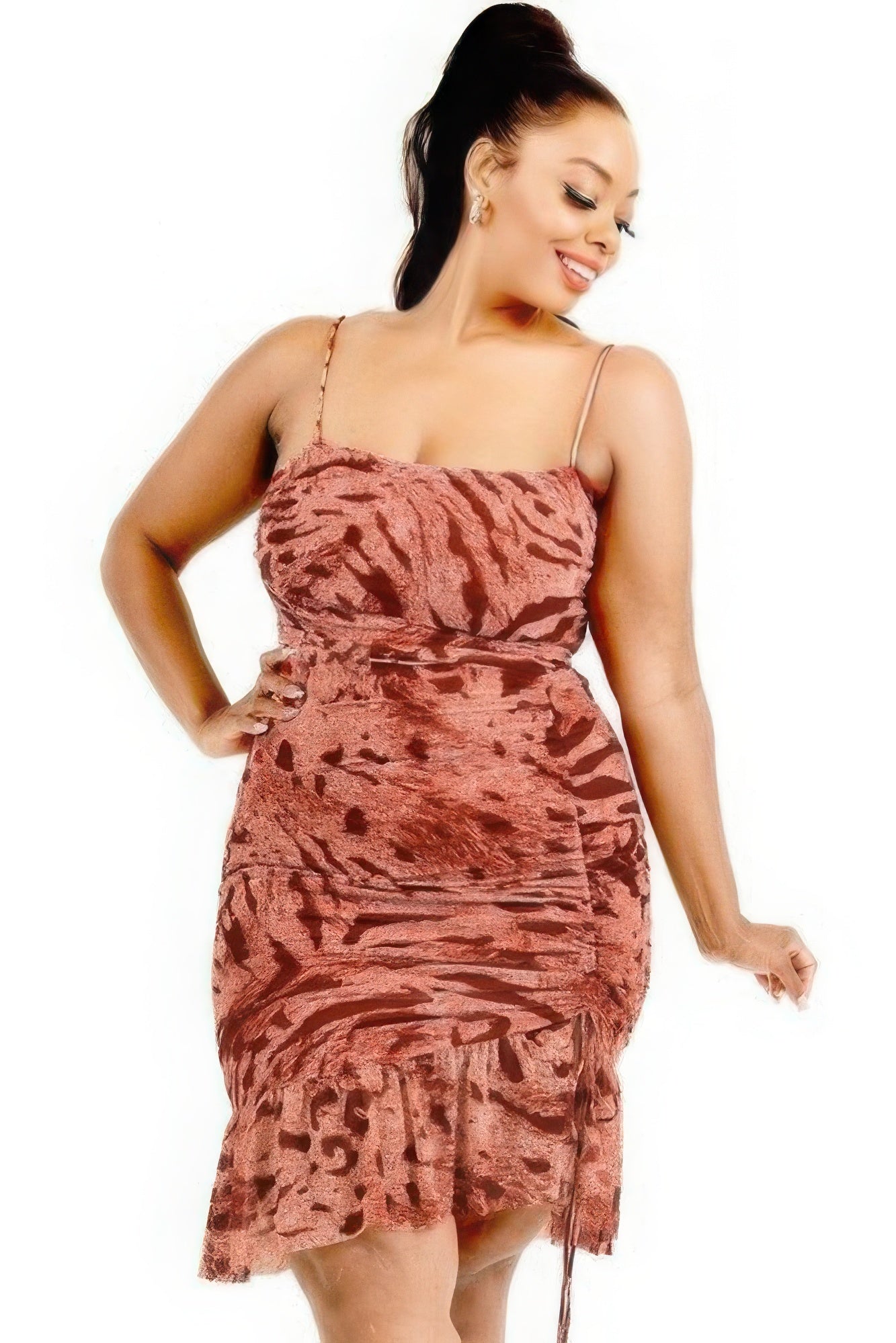 Women's Plus-size Flirty Summer Zebra Print Cami Strap Ruffle Hem Dress in Rust