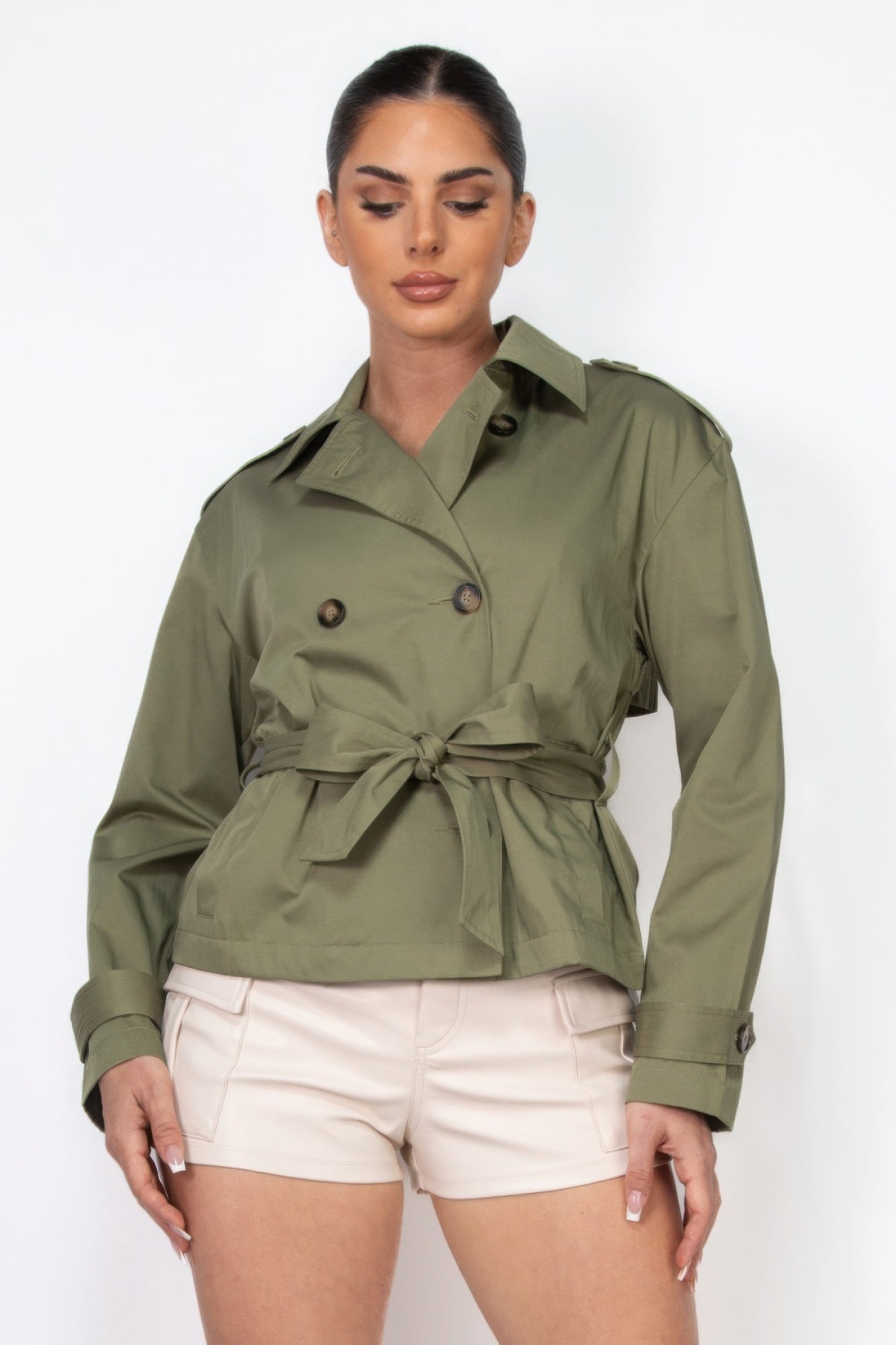 Double-breasted Waist-tie Short Trench Coat in Olive – Modish X Co