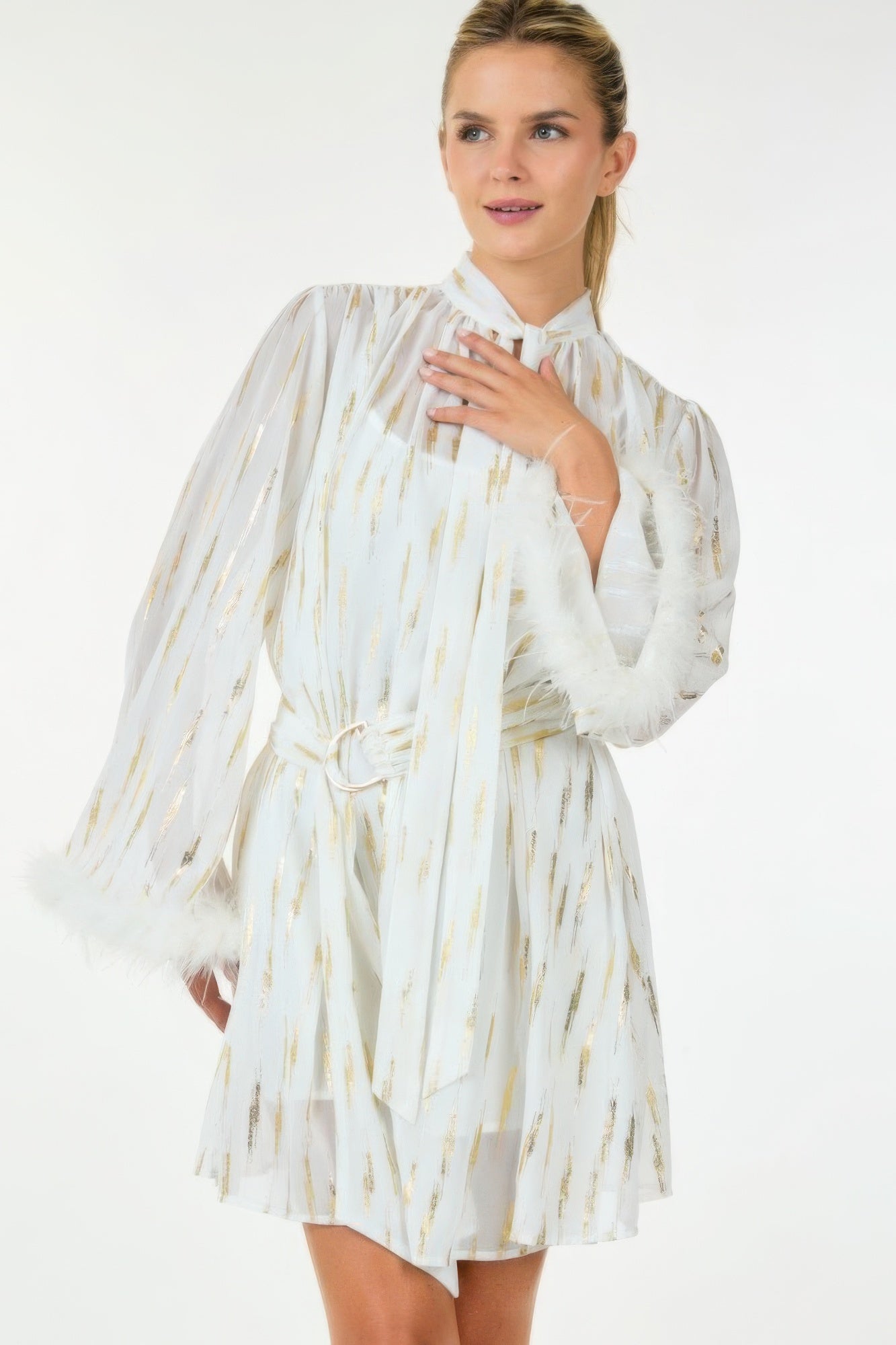 White with Gold Metallic Print Short Dress with Neckline Tie