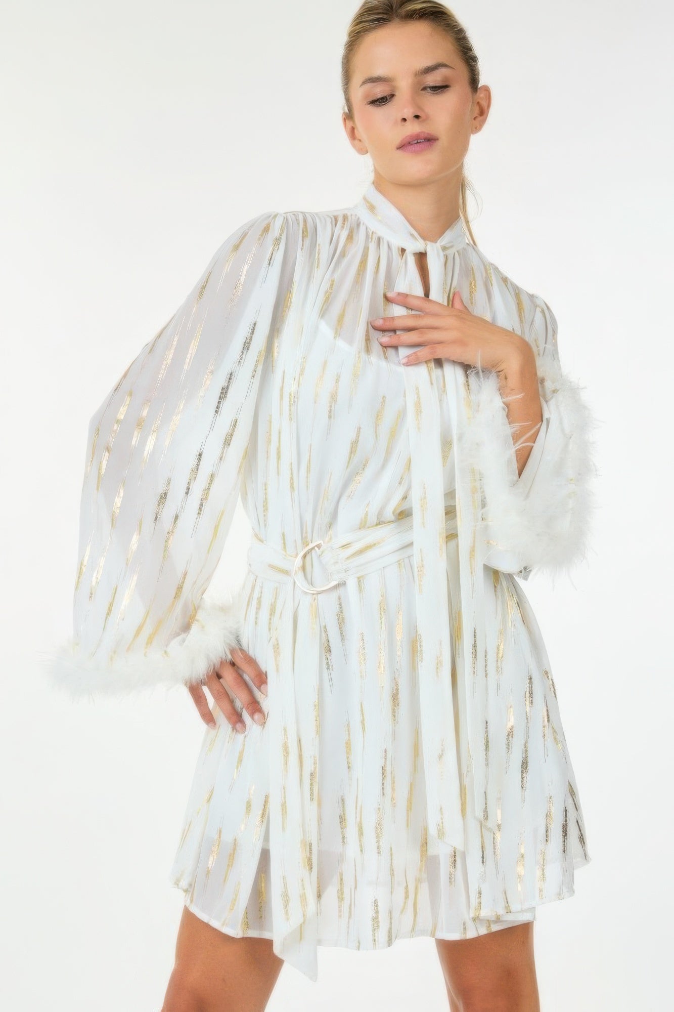 White with Gold Metallic Print Short Dress with Neckline Tie