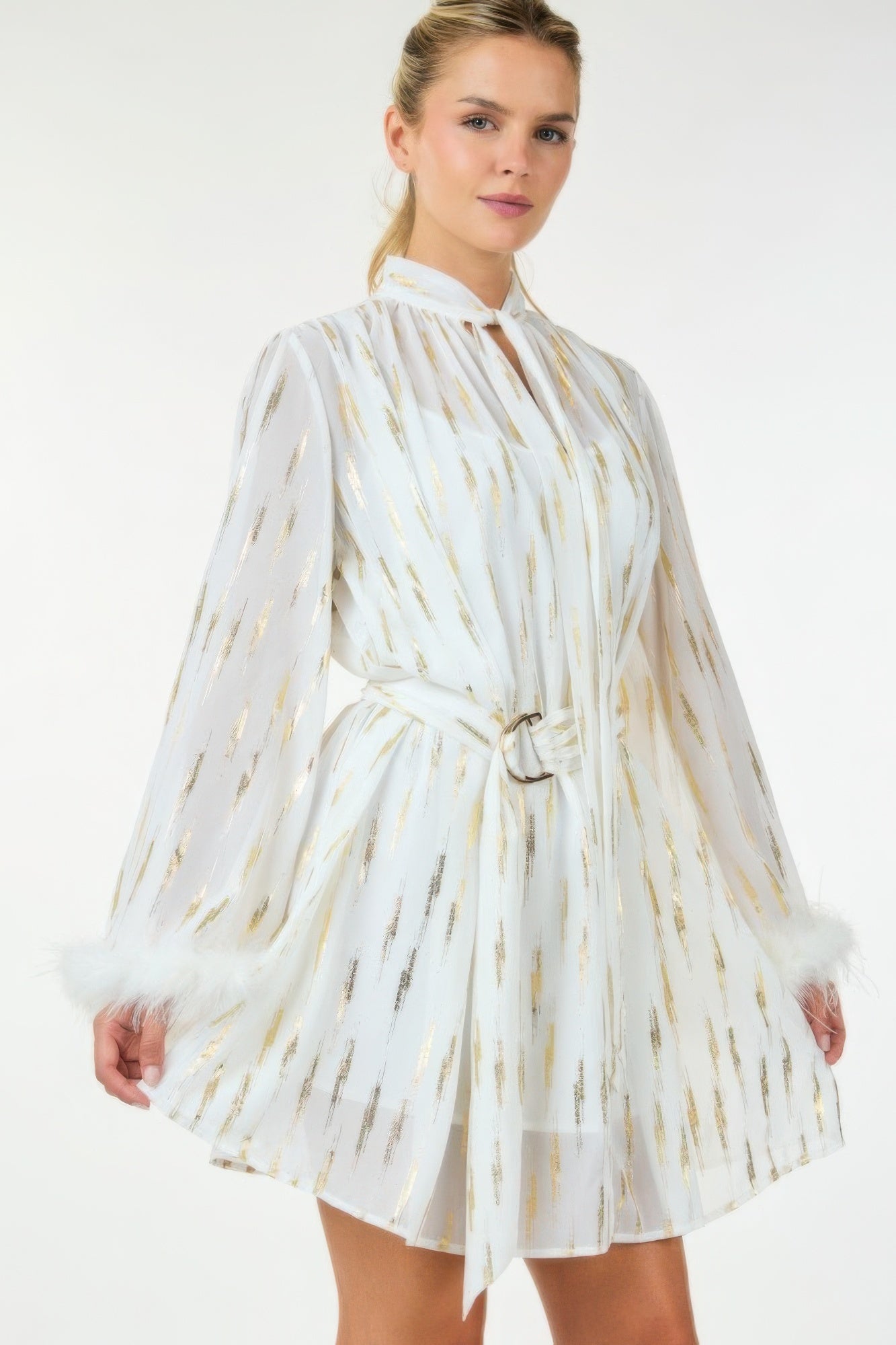 White with Gold Metallic Print Short Dress with Neckline Tie