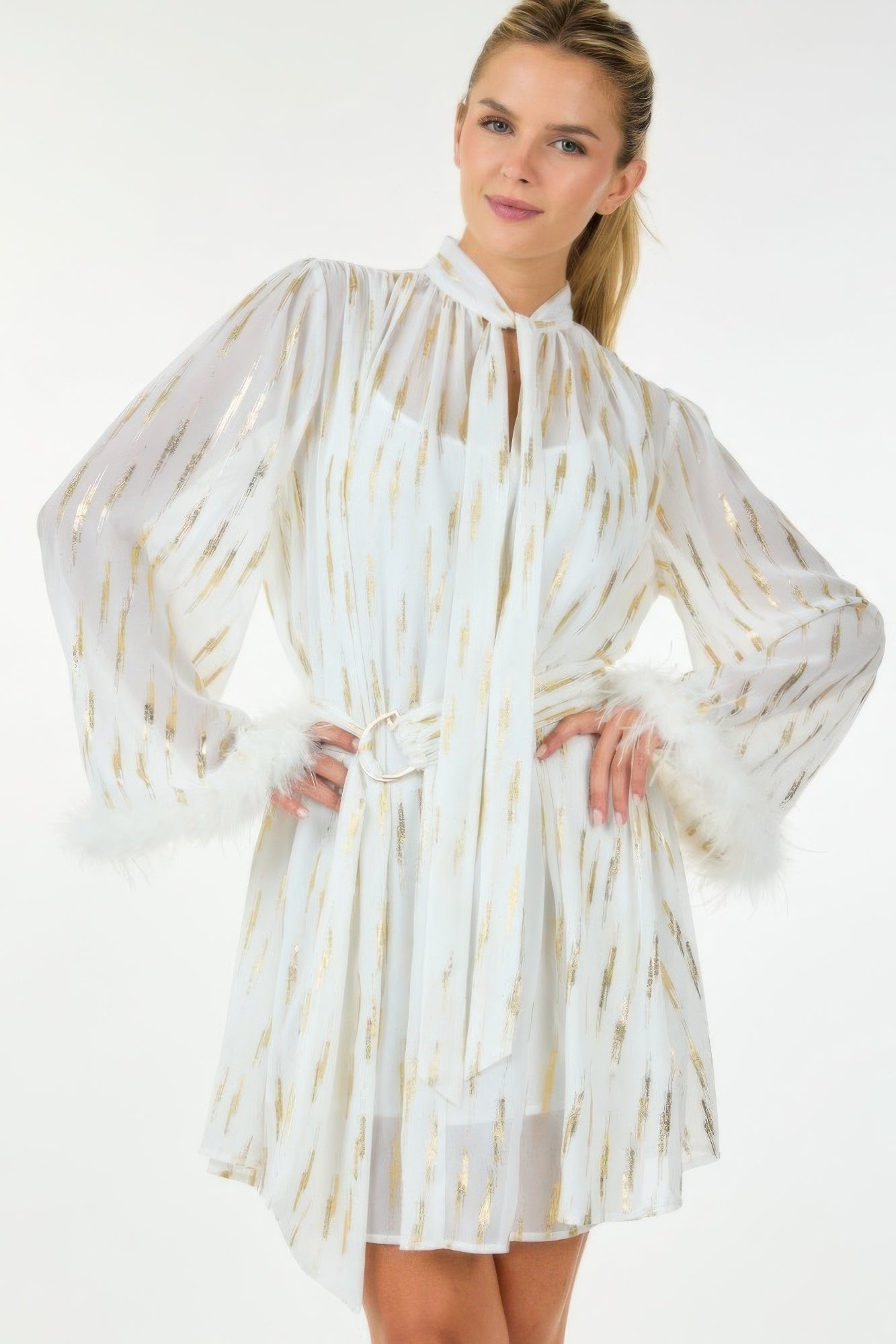 White with Gold Metallic Print Short Dress with Neckline Tie
