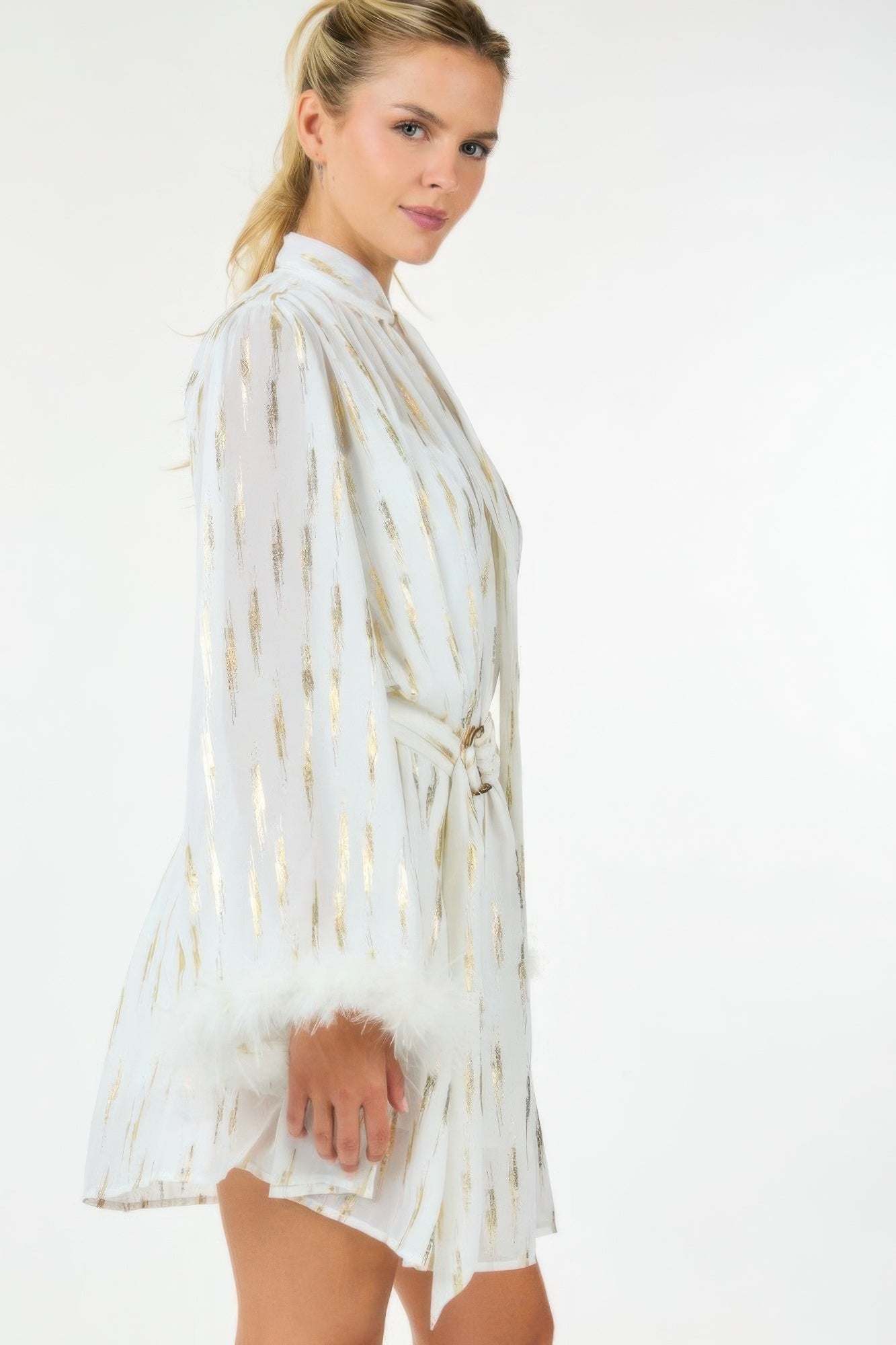 White with Gold Metallic Print Short Dress with Neckline Tie