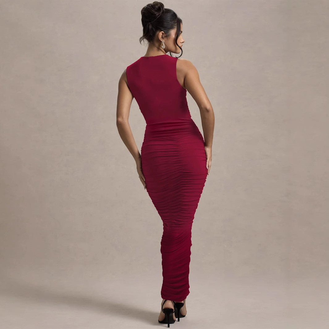 BELLA MIA Women's Stylish Burgundy Pleated Bodycon Sheath Dress