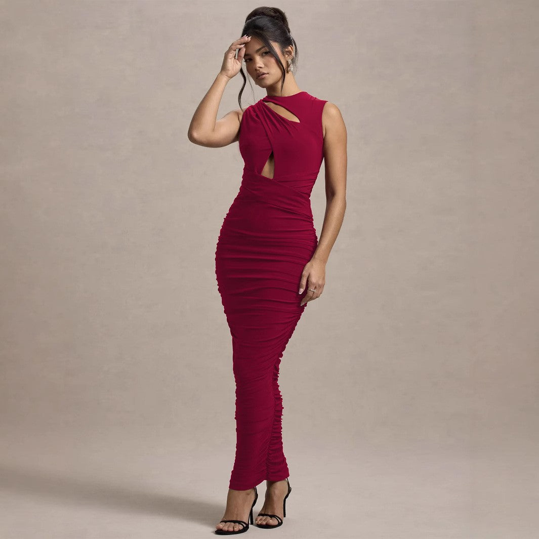 BELLA MIA Women's Stylish Burgundy Pleated Bodycon Sheath Dress