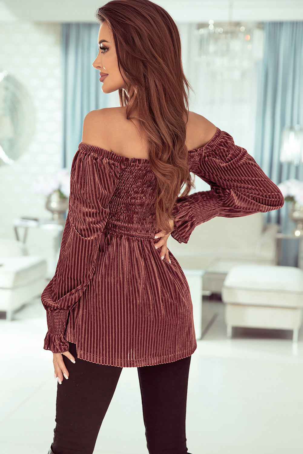 Brown Tie Back Square Neck Velvet Babydoll Dress