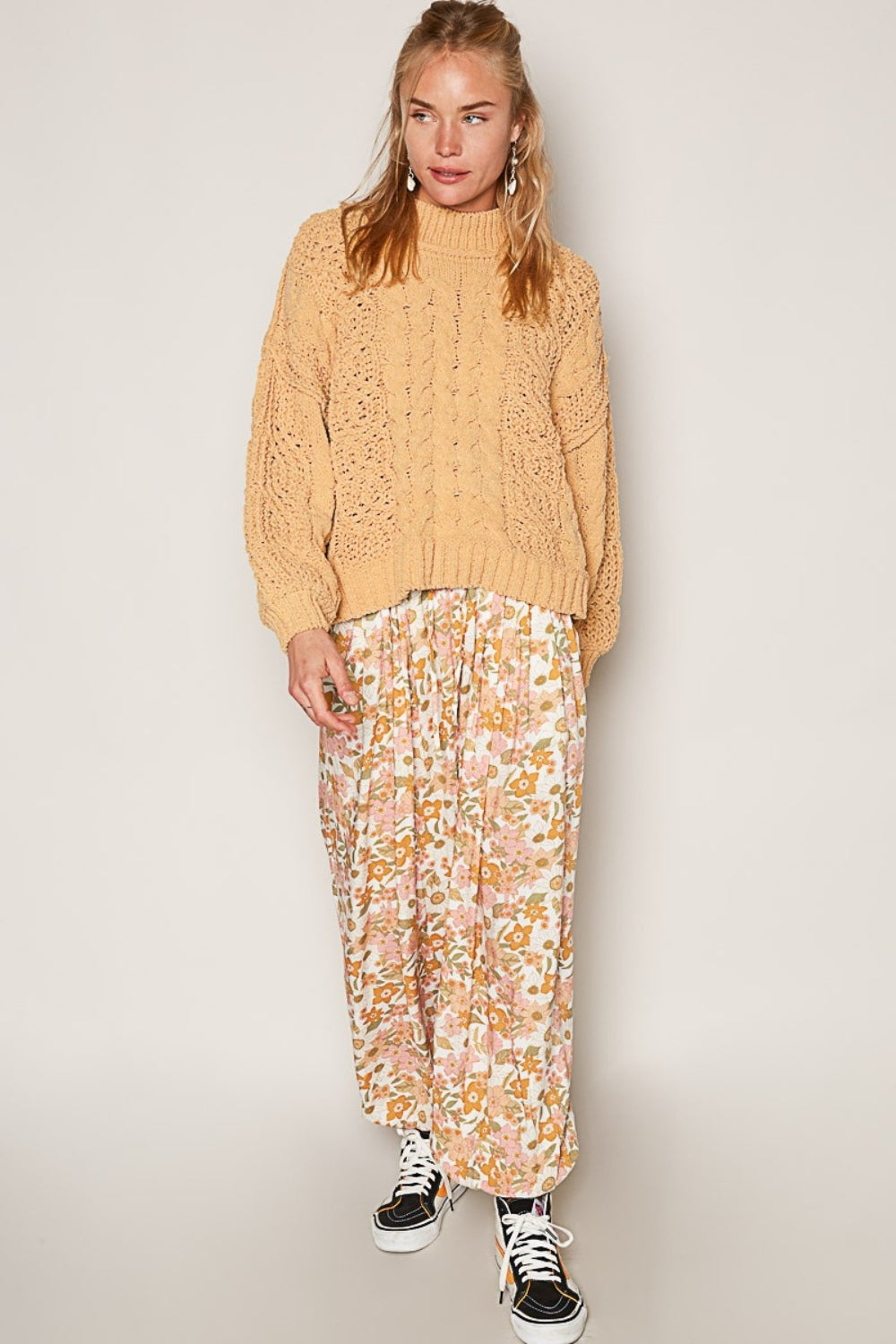 POL Honey Gold Mock Neck Cable Knit Sweater