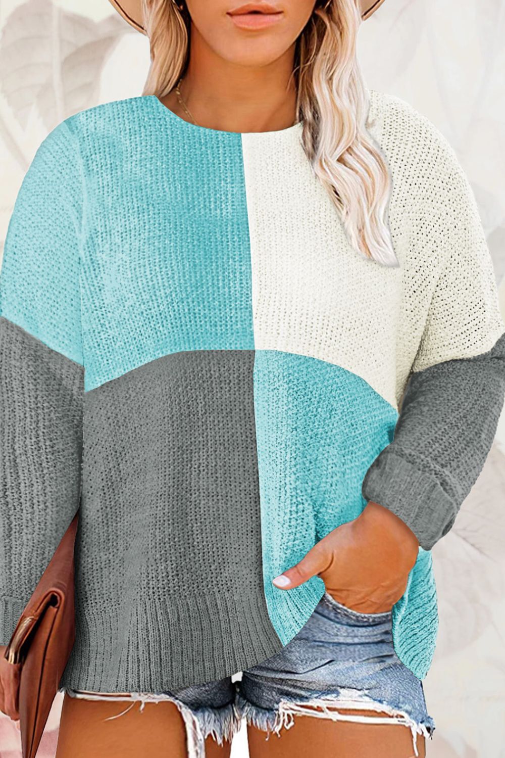 SYNZ Plus Size Color Block Round Neck Sweater