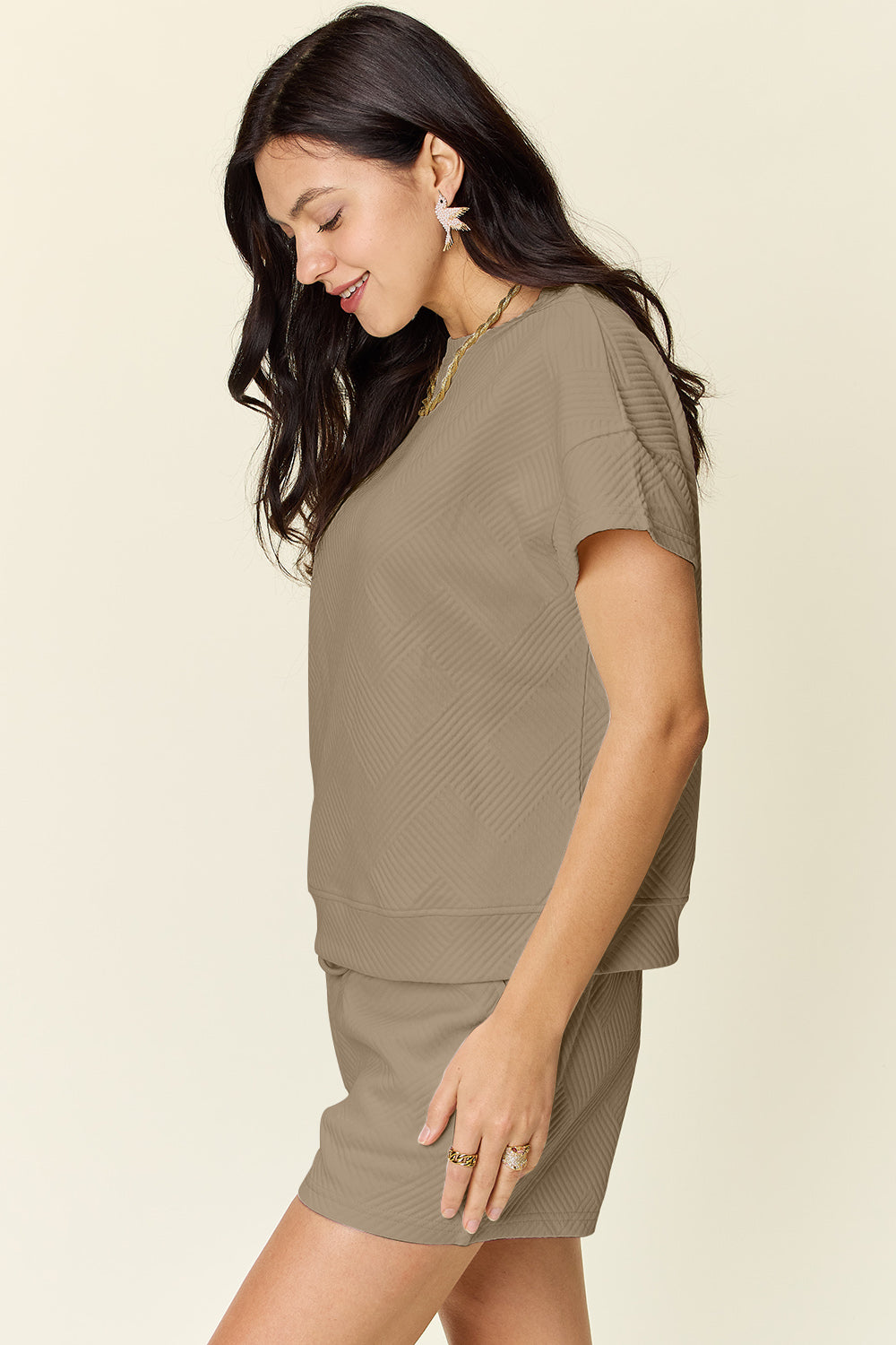 DOUBLE TAKE Full Size Texture Short Sleeve T-Shirt and Drawstring Shorts Set
