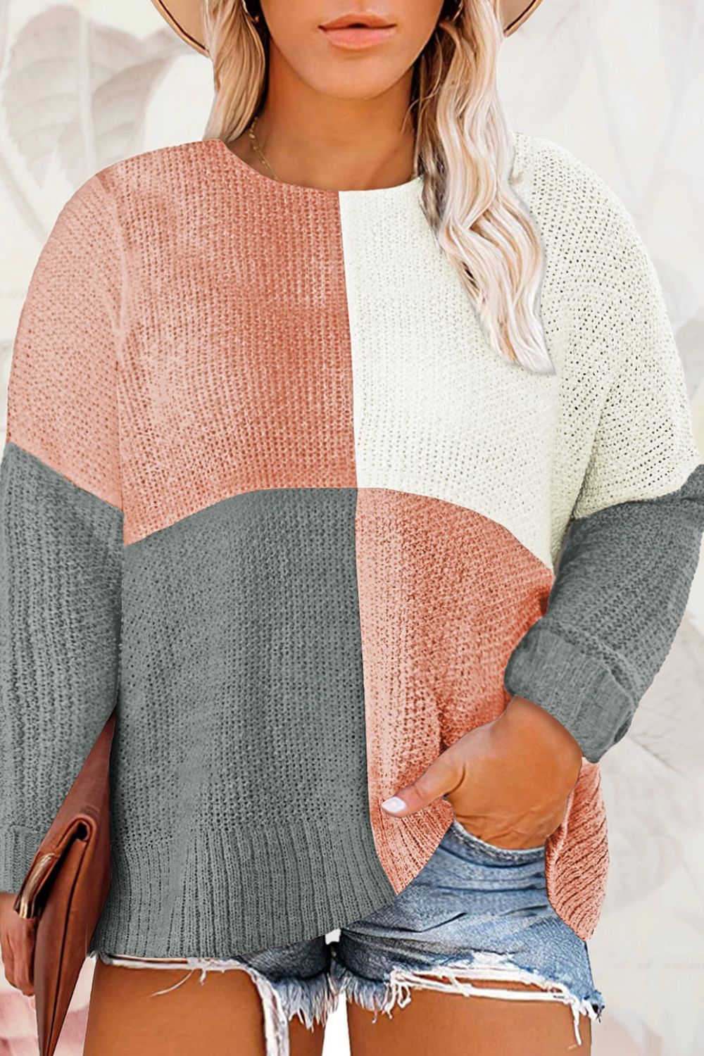 SYNZ Plus Size Color Block Round Neck Sweater