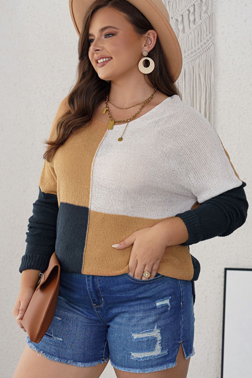 SYNZ Plus Size Color Block Round Neck Sweater