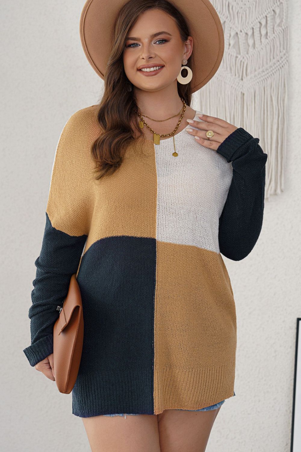 SYNZ Plus Size Color Block Round Neck Sweater