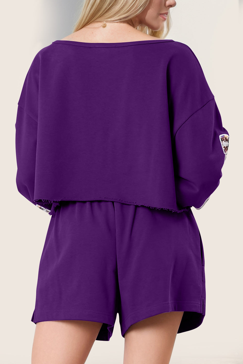 DOUBLE TAKE Women's 2 Piece Purple Cropped Sweatshirt and Shorts Set with Sequin Bow