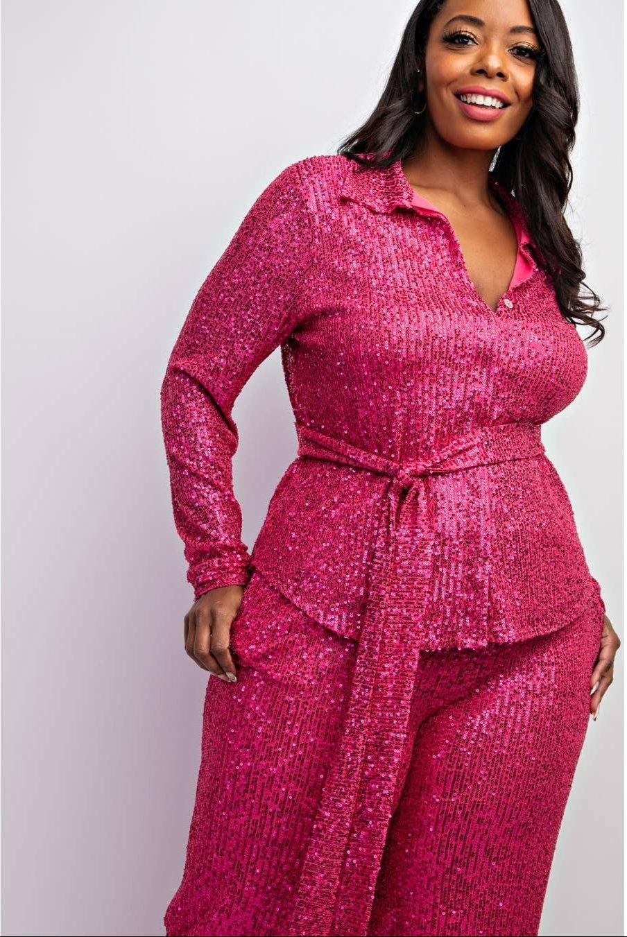 SYLVIA Luxury Plus-size Sequin Shirt & Wide-leg Pants Set Outfit