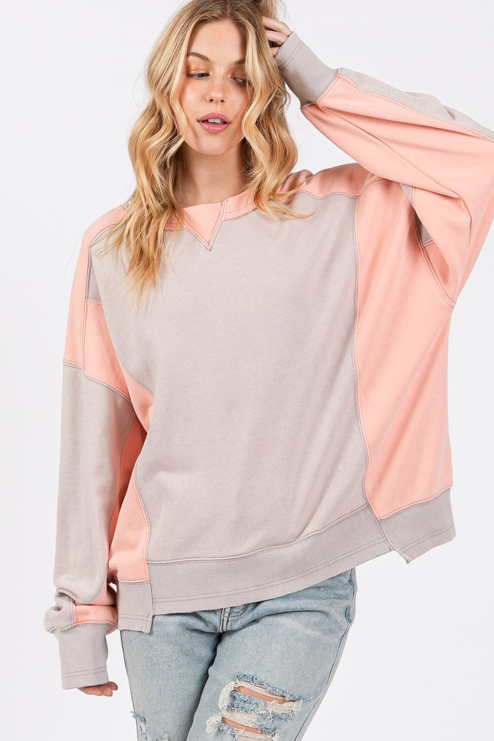 SAGE + FIG Grey-Peach Color Contrast Round Neck Sweatshirt