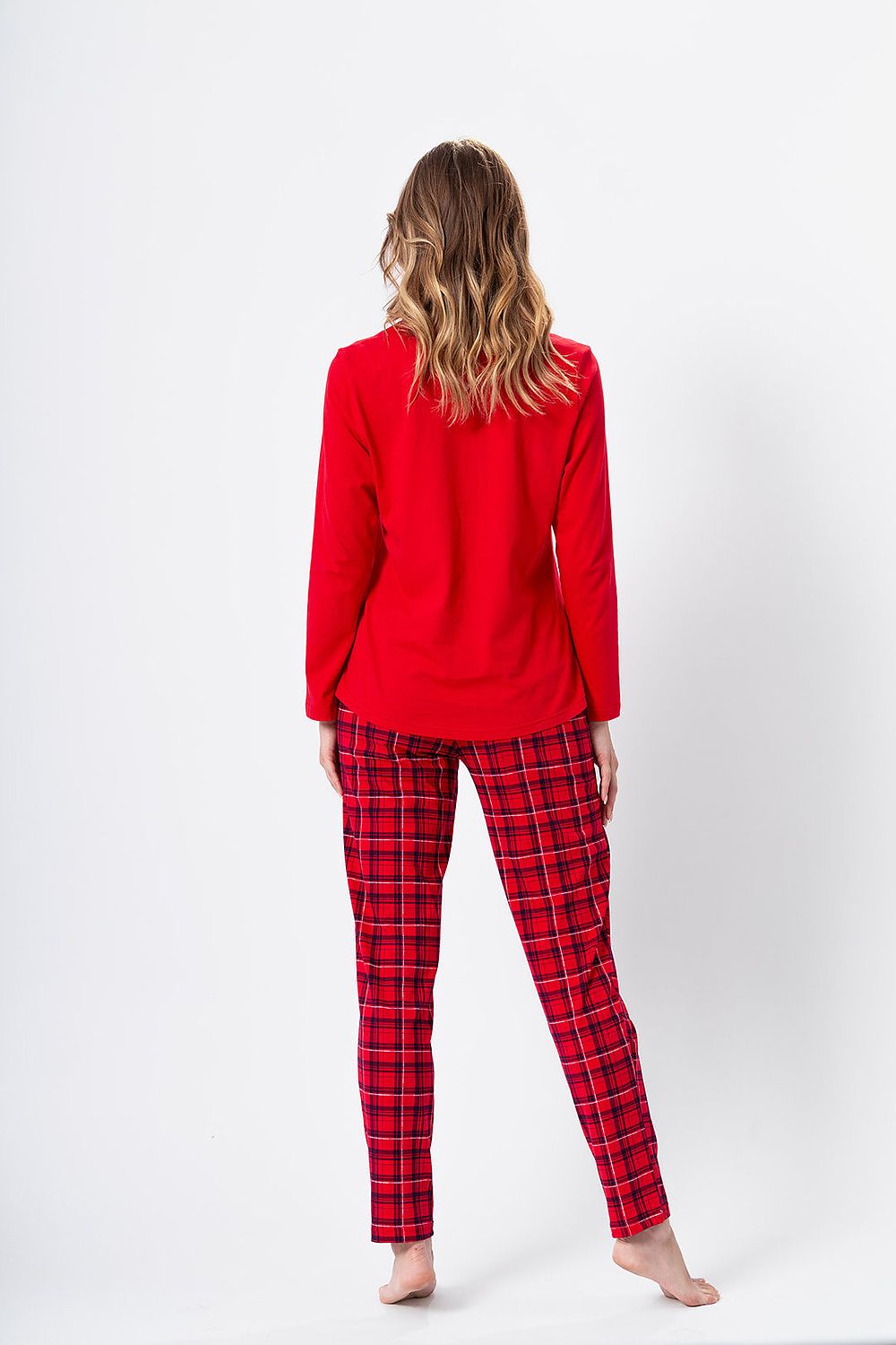 M-MAX 2 Piece Red European Christmas Pajama Set with Long Sleeve Top & Plaid Pants