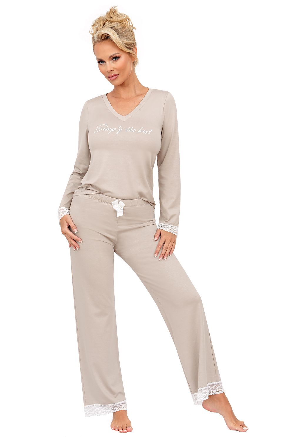 DONNA 2 Piece European Laced Pajama Set with Long Sleeve Top & Loose Pants