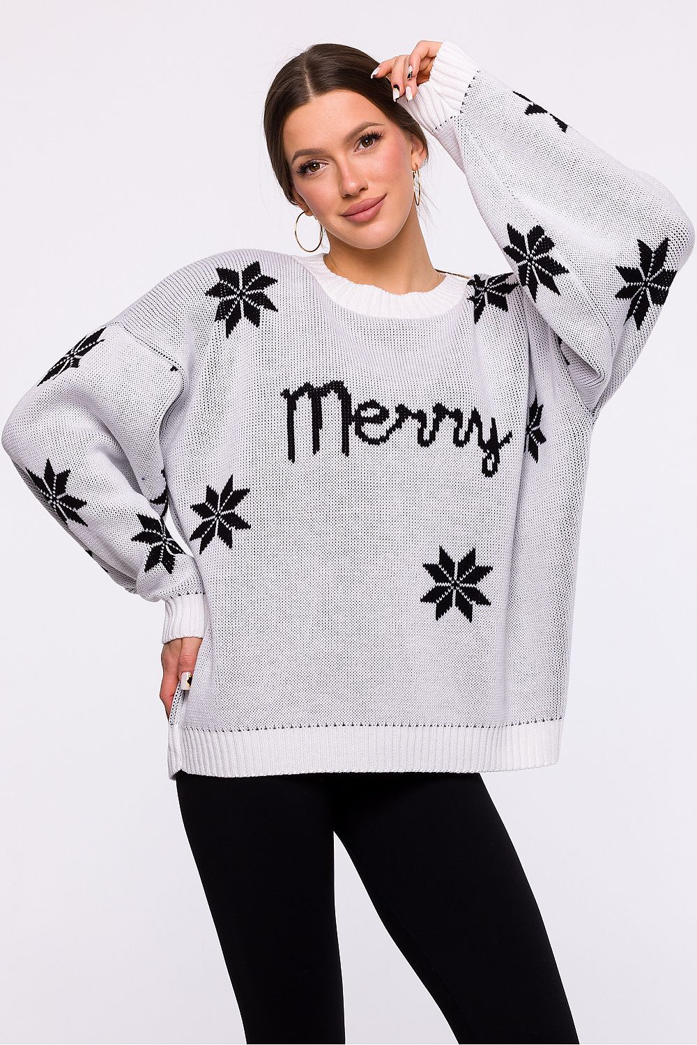 MOE White "Merry" Written Oversized Snowflake Christmas Sweater ❄️