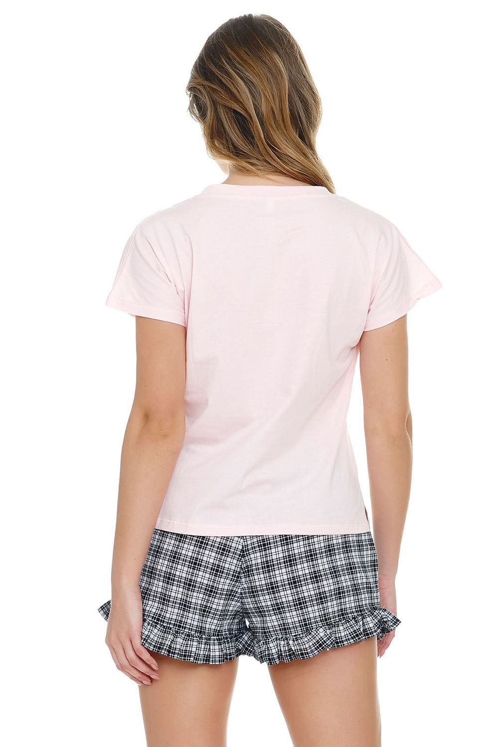 DOCTOR NAP 2 Piece Women's European-made "Nap time lover" Pajama Set with Pink Top with Plaid Shorts