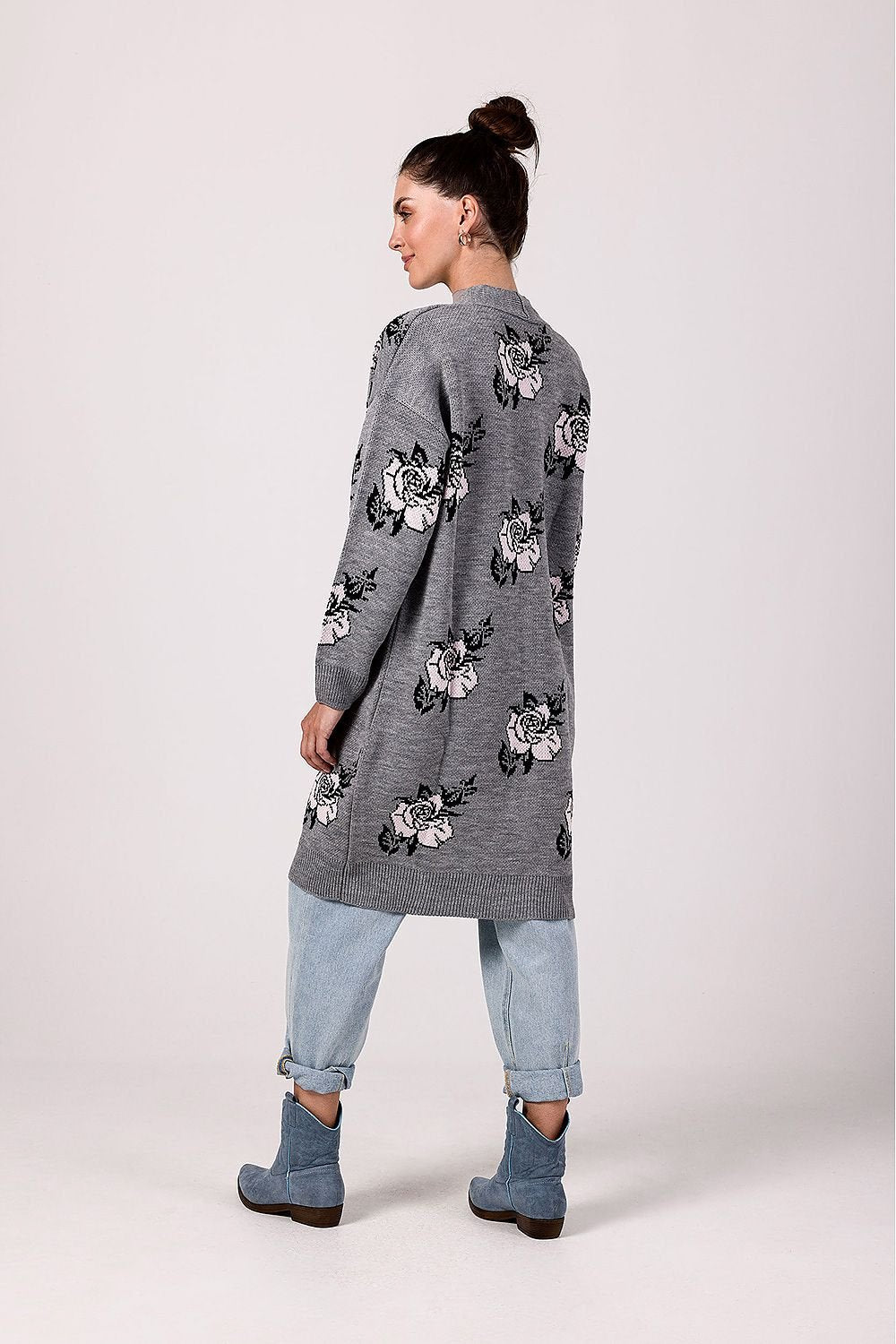 BE KNIT Women's European-made Long Opened Flower Sweater Cardigan