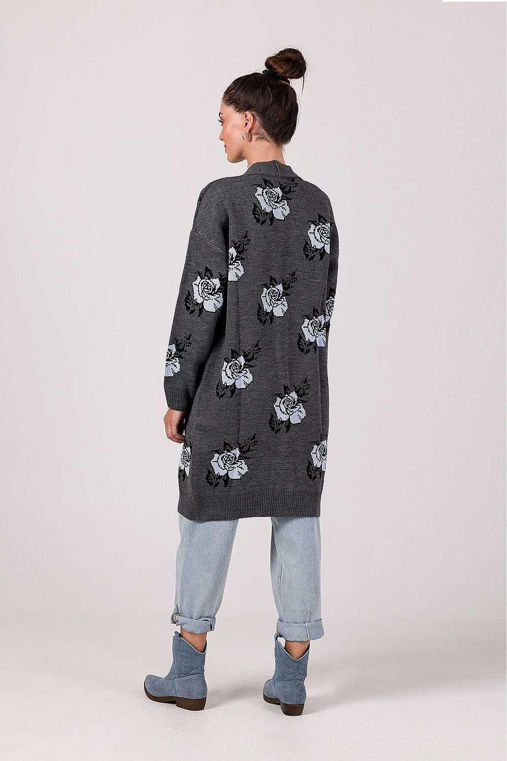BE KNIT Women's European-made Long Opened Flower Sweater Cardigan