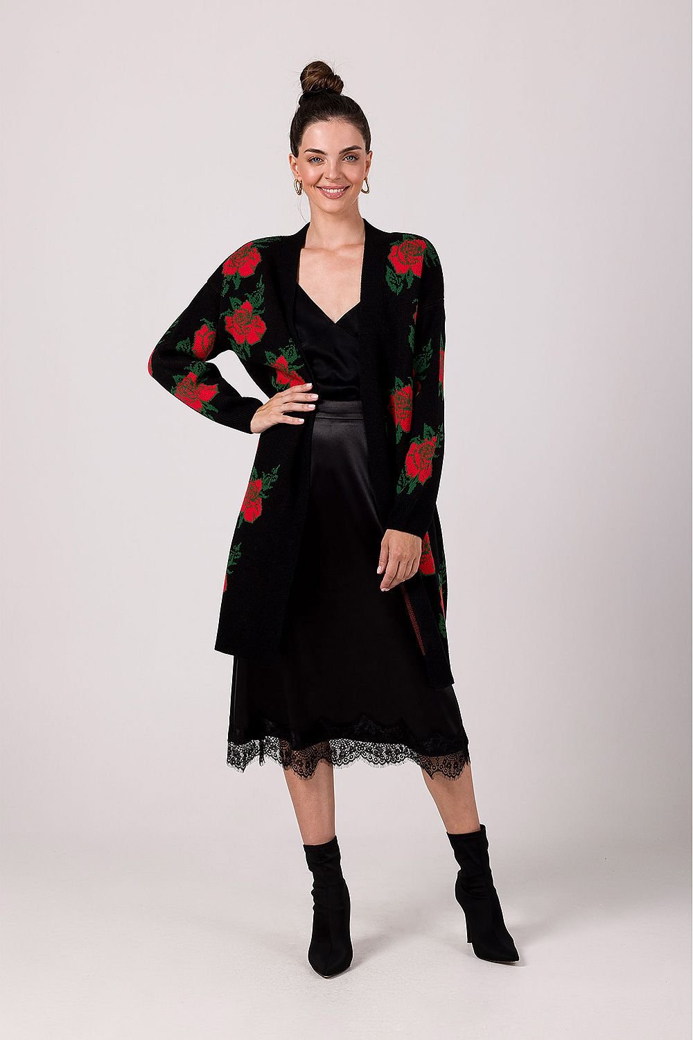 BE KNIT Women's European-made Long Opened Flower Sweater Cardigan