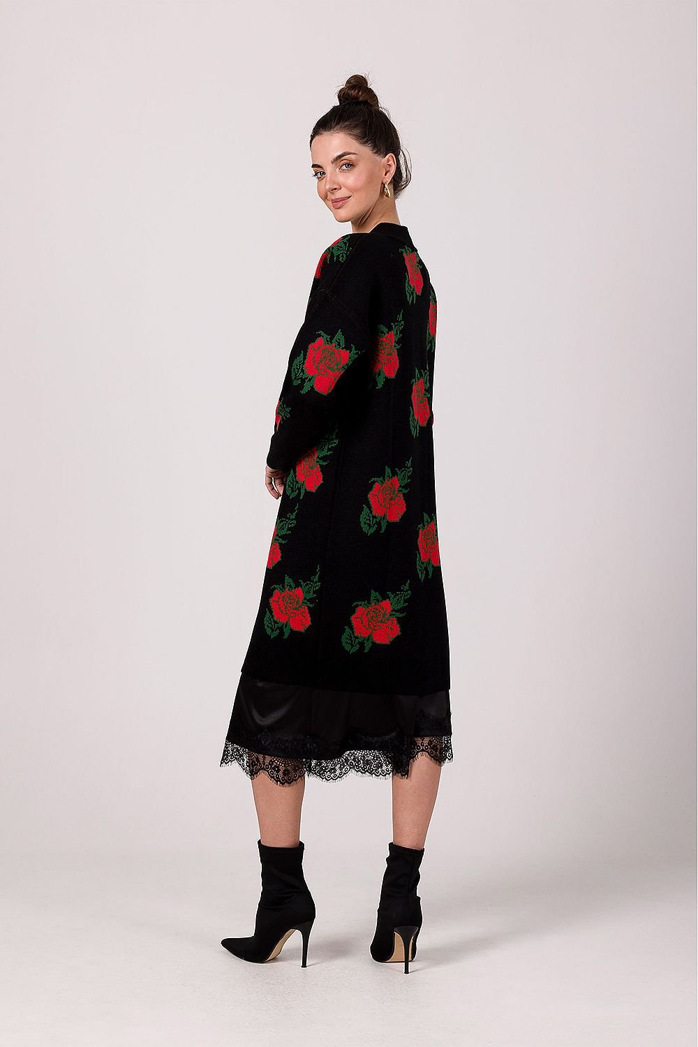 BE KNIT Women's European-made Long Opened Flower Sweater Cardigan