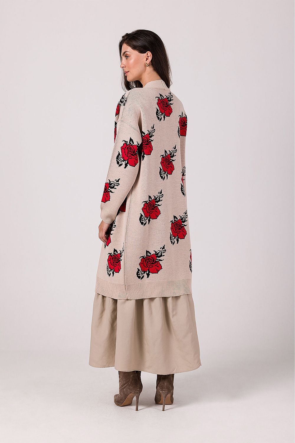 BE KNIT Women's European-made Long Opened Flower Sweater Cardigan