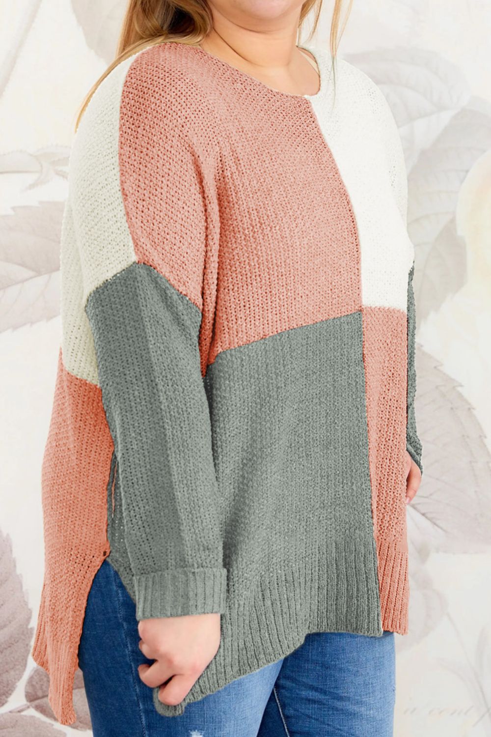 SYNZ Plus Size Color Block Round Neck Sweater