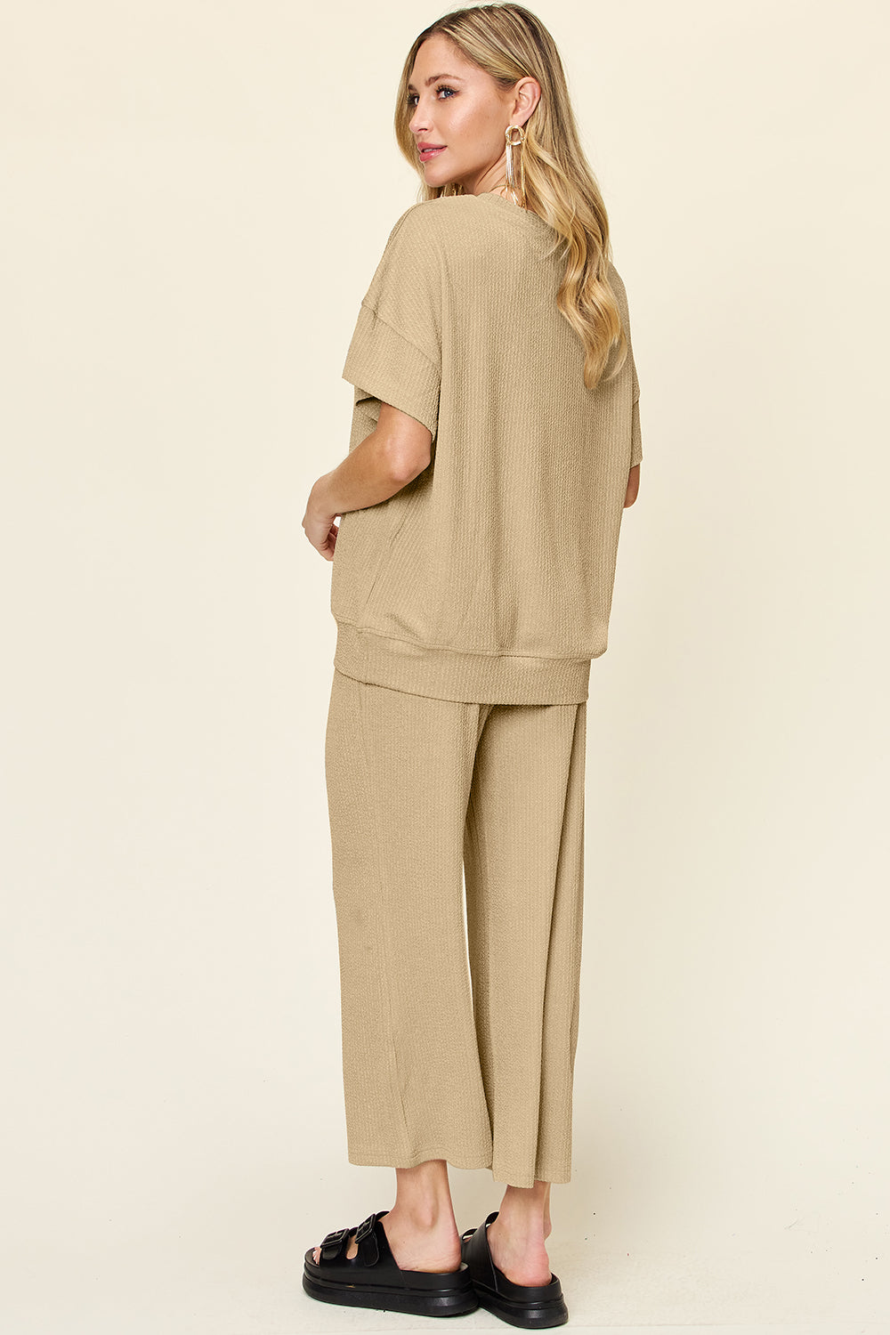 DOUBLE TAKE Full Size Texture Round Neck Short Sleeve T-Shirt and Wide Leg Pants