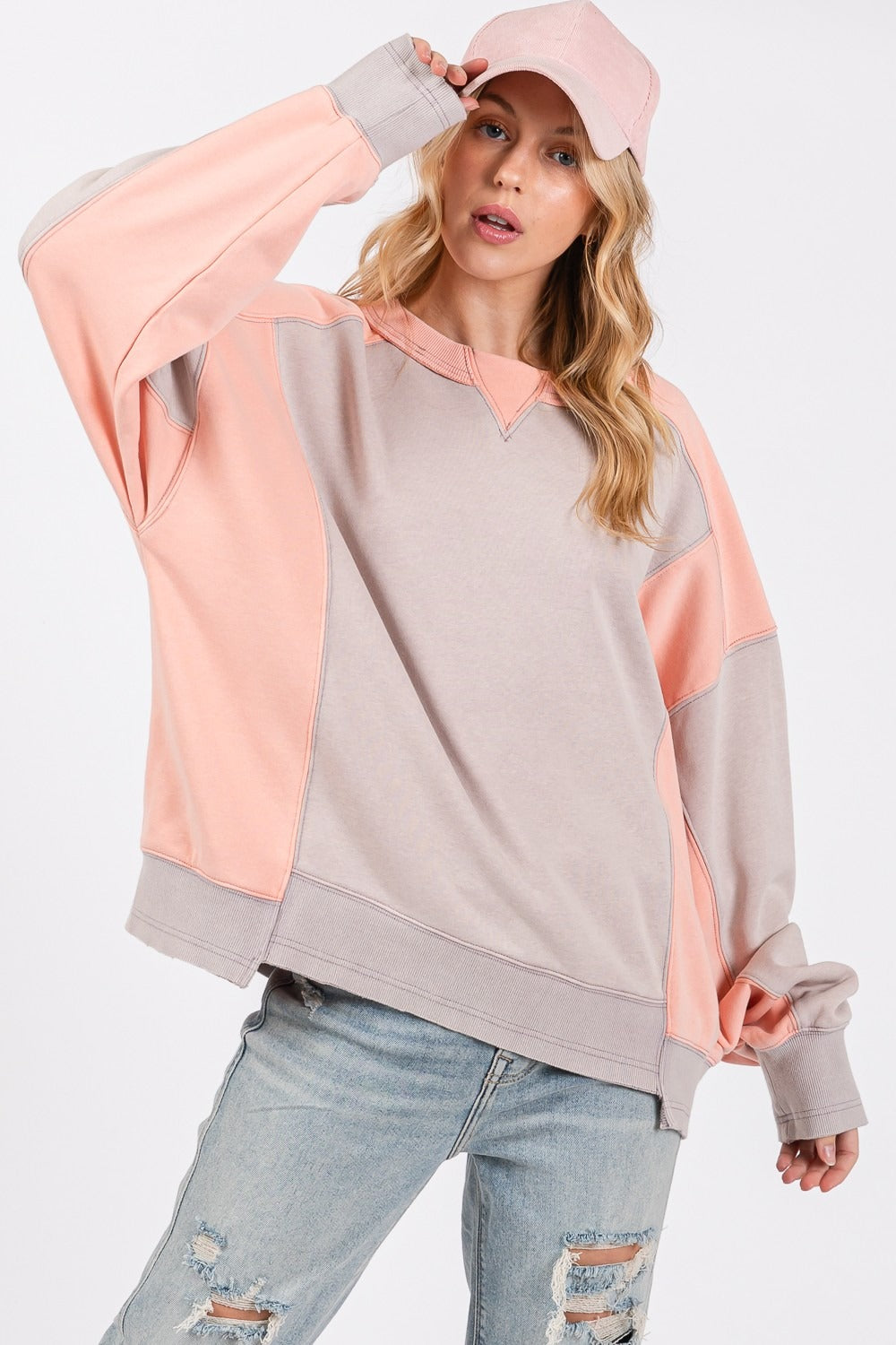 SAGE + FIG Grey-Peach Color Contrast Round Neck Sweatshirt
