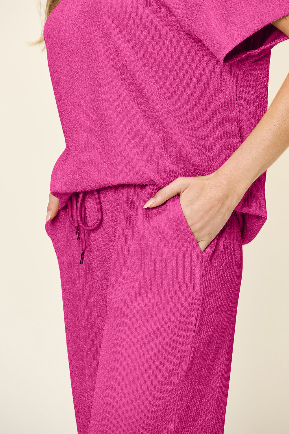 DOUBLE TAKE Full Size Texture Round Neck Short Sleeve T-Shirt and Wide Leg Pants