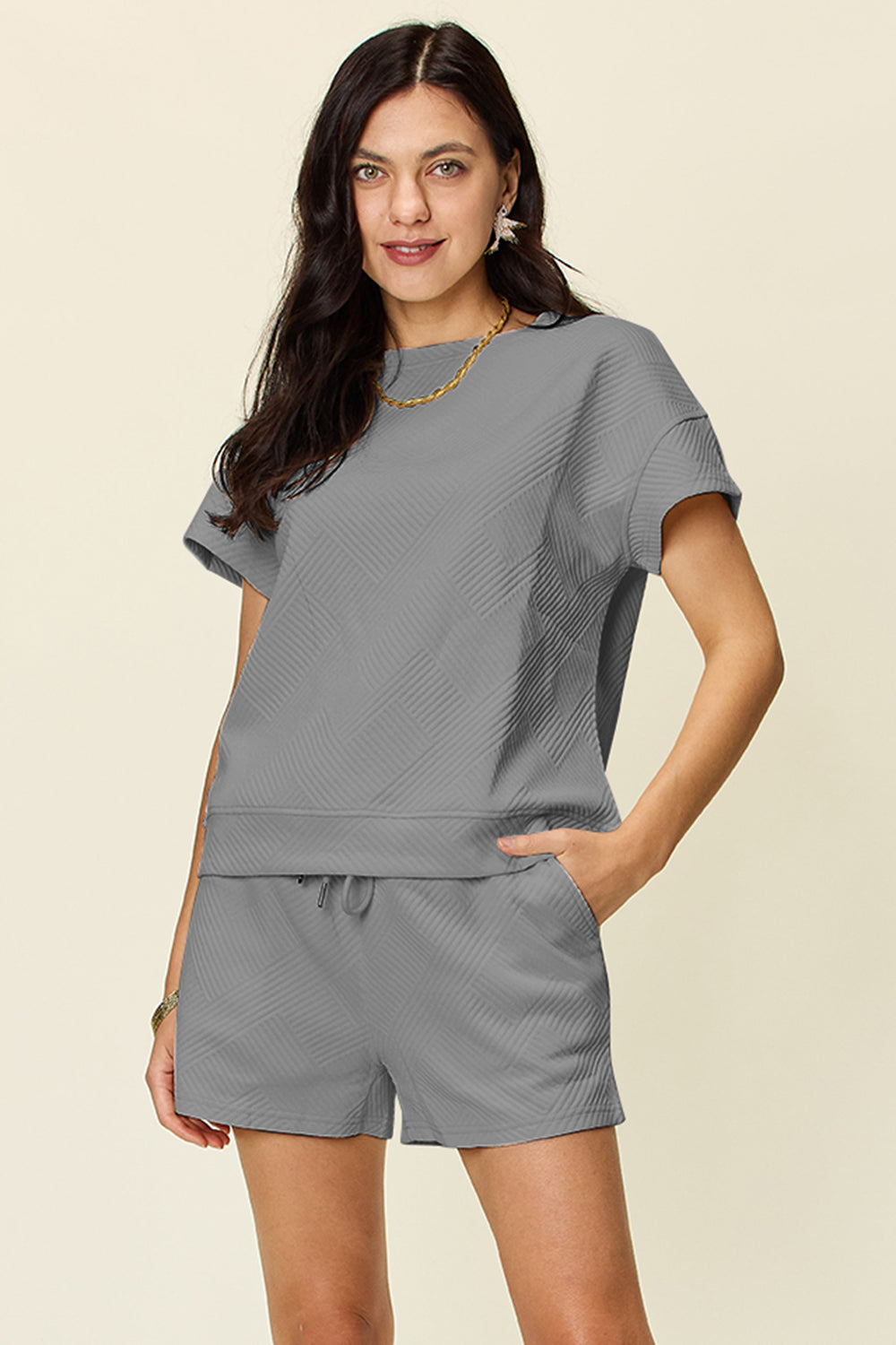 DOUBLE TAKE Full Size Texture Short Sleeve T-Shirt and Drawstring Shorts Set