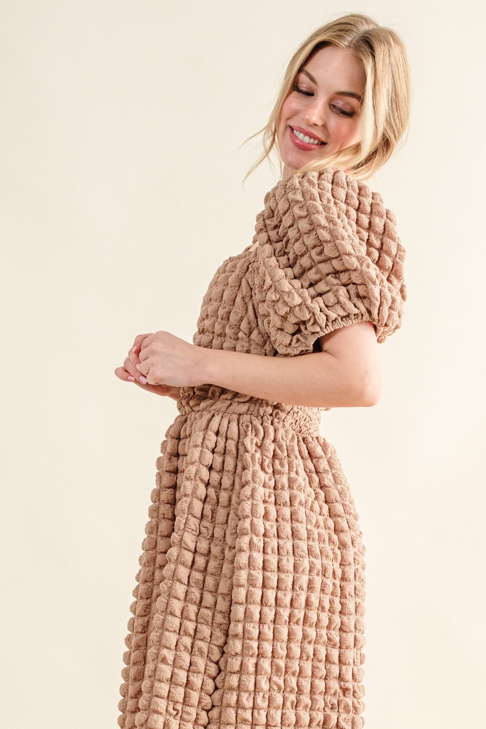 And The Why Women's Full Size Latte Square Neck Puff Sleeve Dress