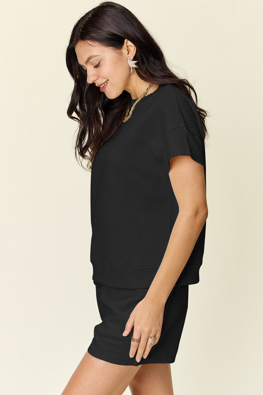 DOUBLE TAKE Full Size Texture Short Sleeve T-Shirt and Drawstring Shorts Set