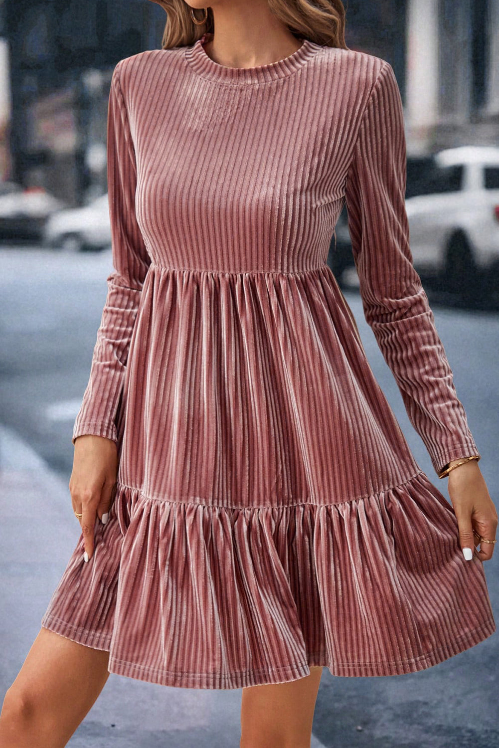 Brown Tie Back Square Neck Velvet Babydoll Dress