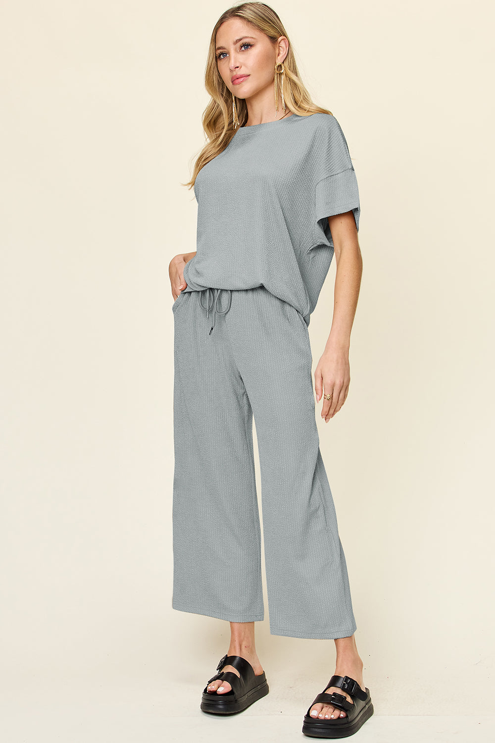 DOUBLE TAKE Full Size Texture Round Neck Short Sleeve T-Shirt and Wide Leg Pants