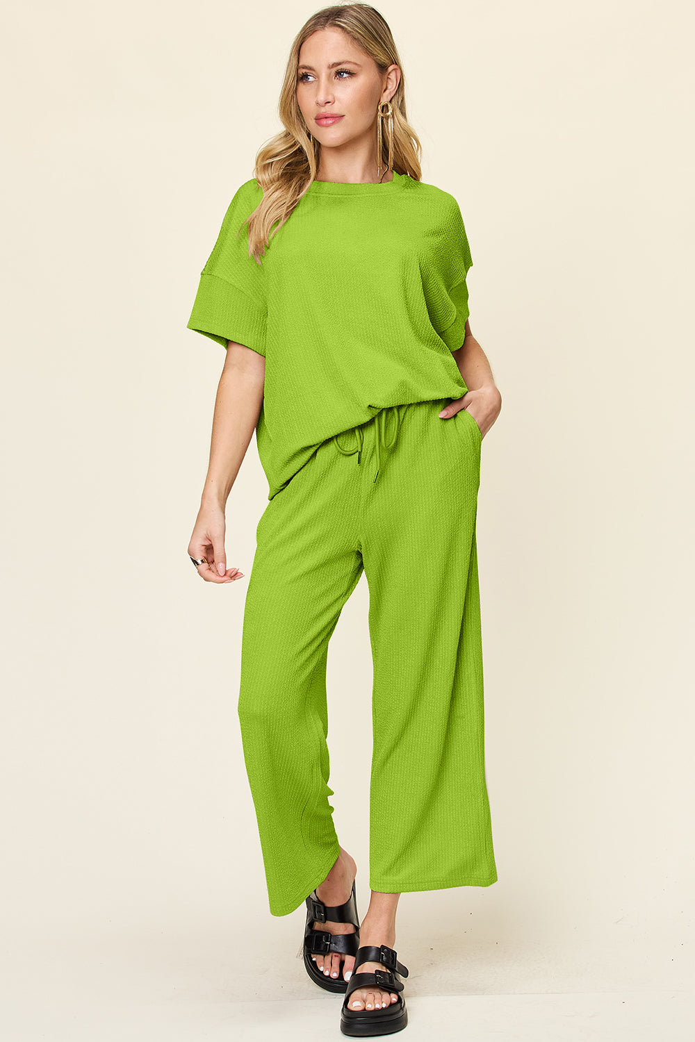 DOUBLE TAKE Full Size Texture Round Neck Short Sleeve T-Shirt and Wide Leg Pants