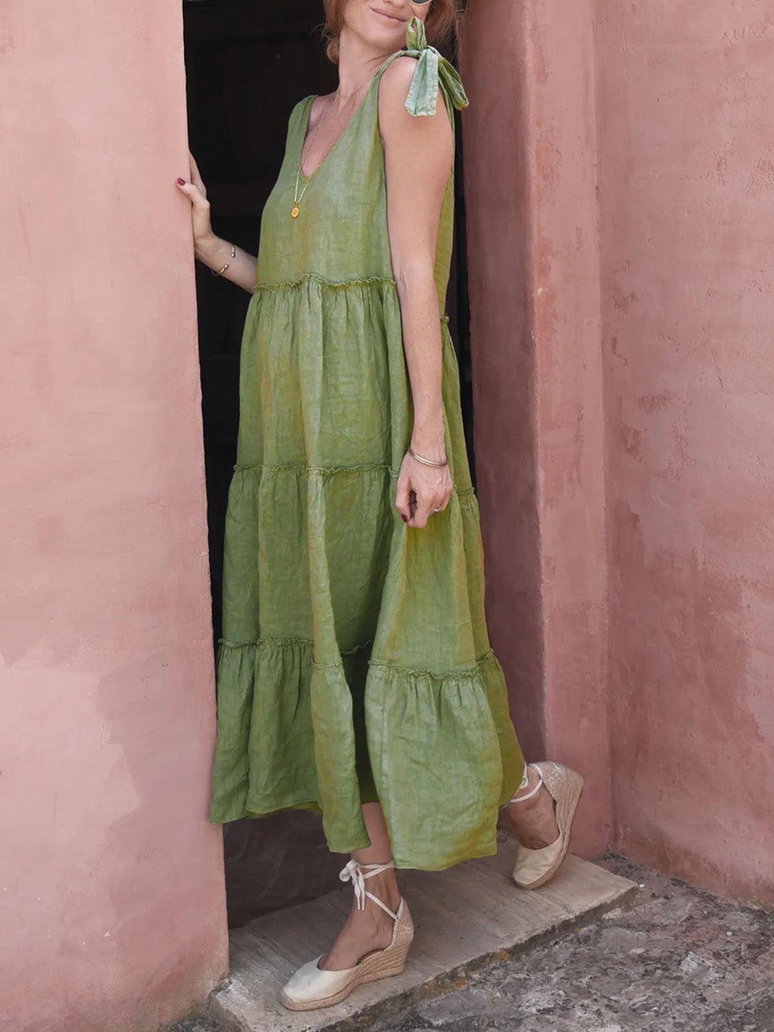 Green Tiered Boho V-Neck Sleeveless Dress