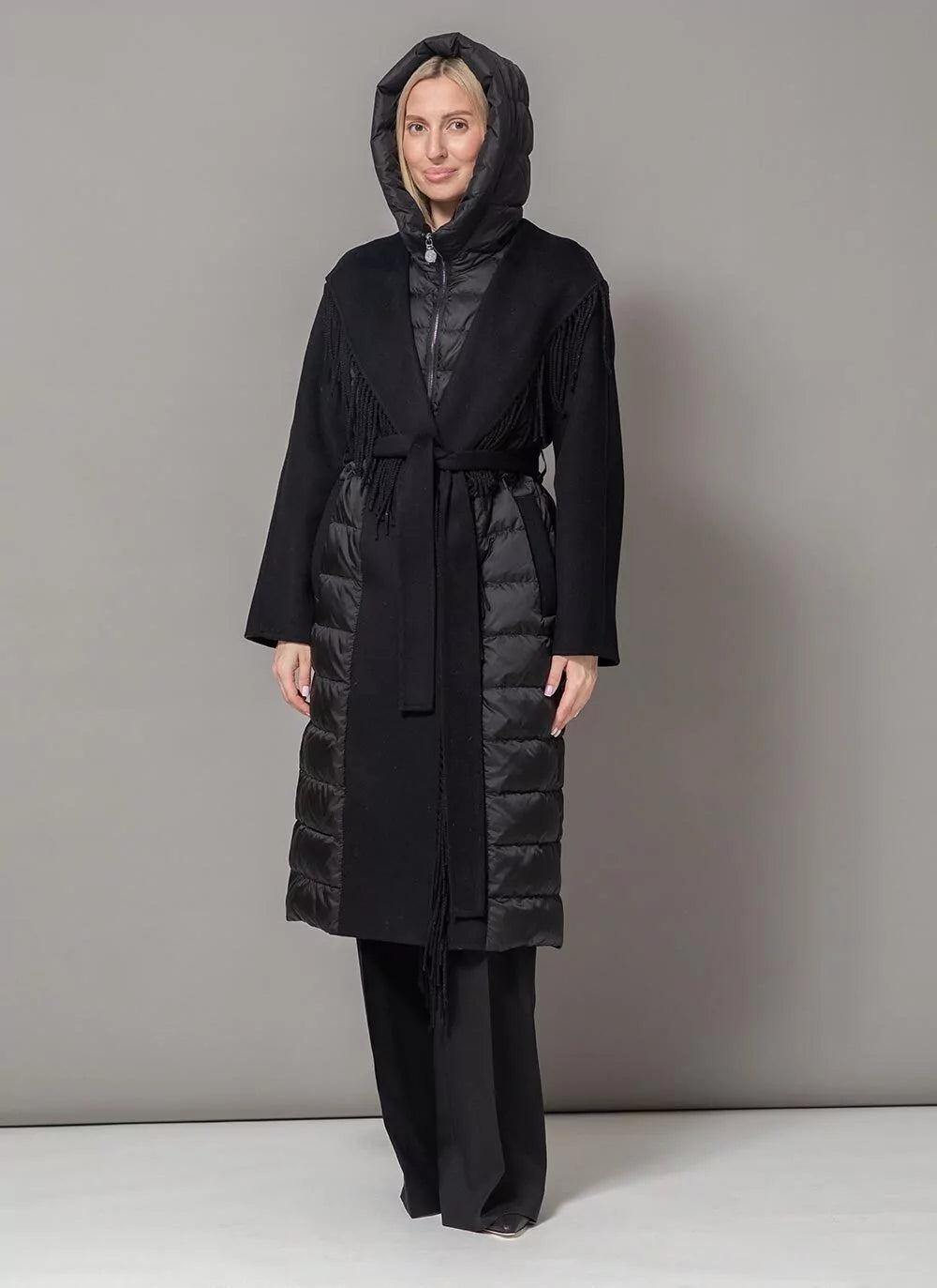 Kennedy Fringe Luxe Down Wool Blend Coat in Black