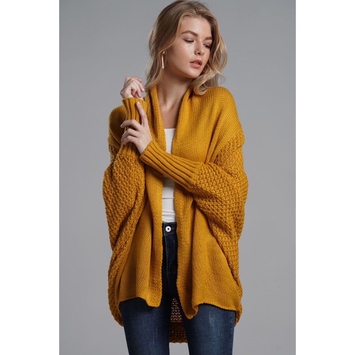 DOUBLE TAKE Dolman Sleeve Open Front Ribbed Trim Longline Cardigan