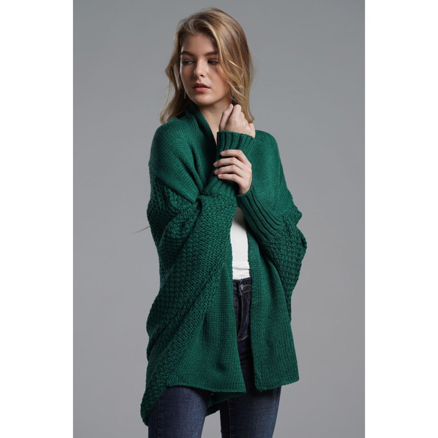 DOUBLE TAKE Dolman Sleeve Open Front Ribbed Trim Longline Cardigan