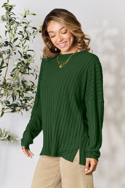 BASIC BAE Full Size Ribbed Round Neck Slit Knit Top