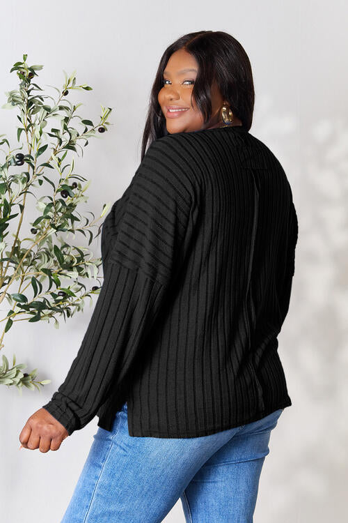 BASIC BAE Full Size Ribbed Round Neck Slit Knit Top