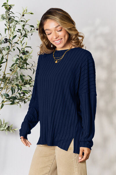 BASIC BAE Full Size Ribbed Round Neck Slit Knit Top